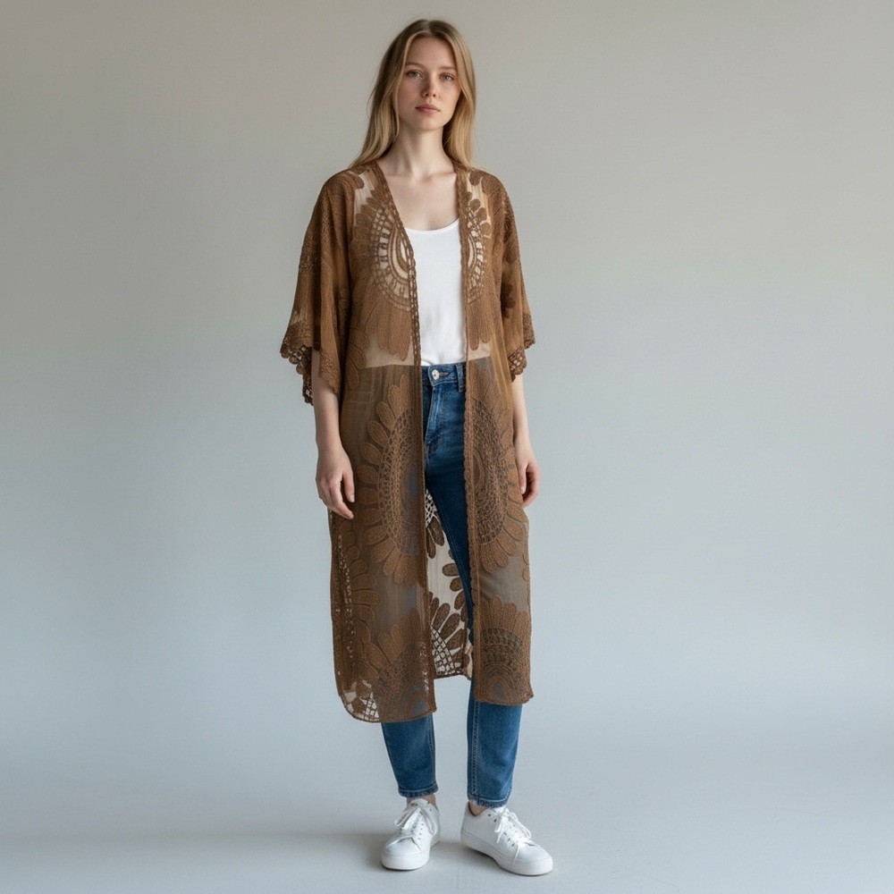 Rebellion Again Brown Lace Boho Duster Kimono Cover Up Festival Maxi M